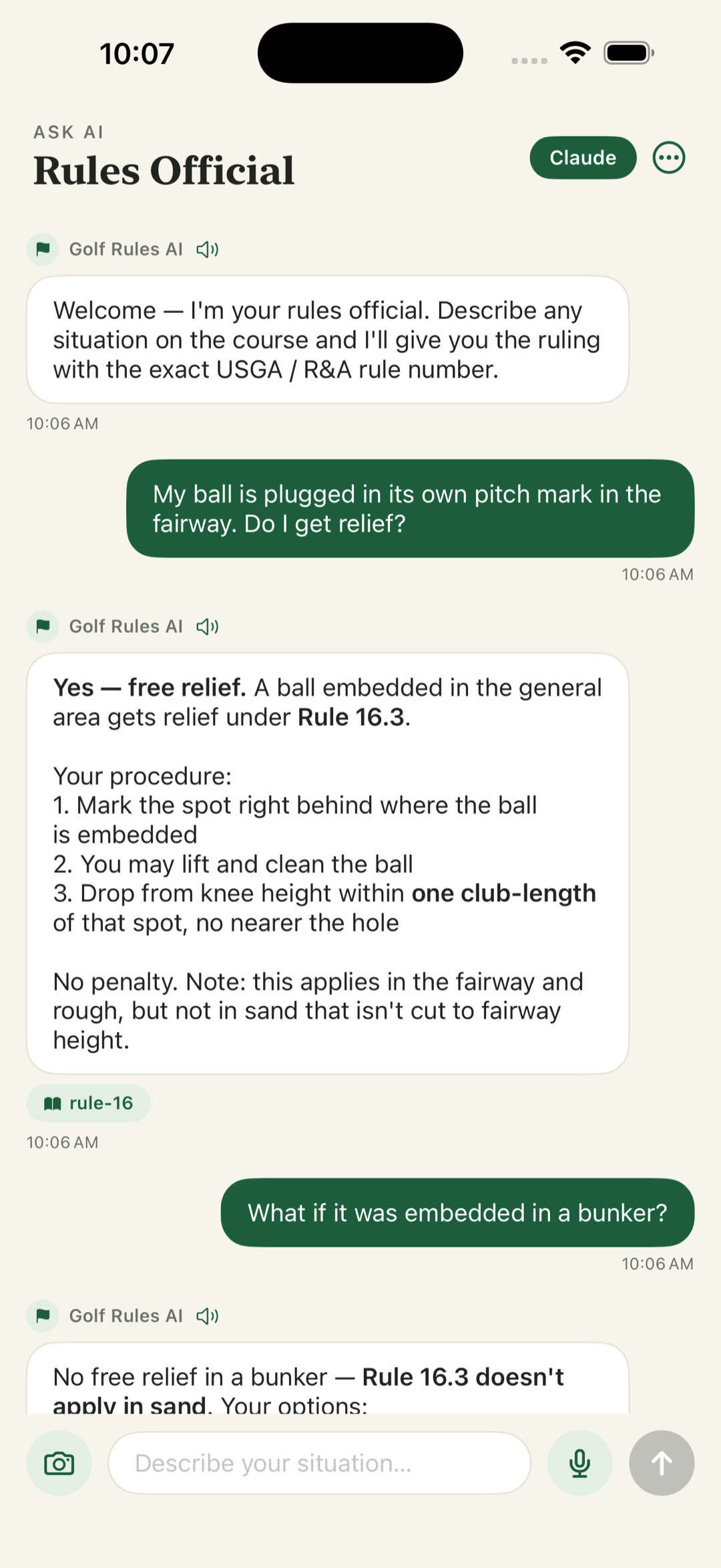 RuleCaddie answering a plugged-ball question, citing Rule 16.3