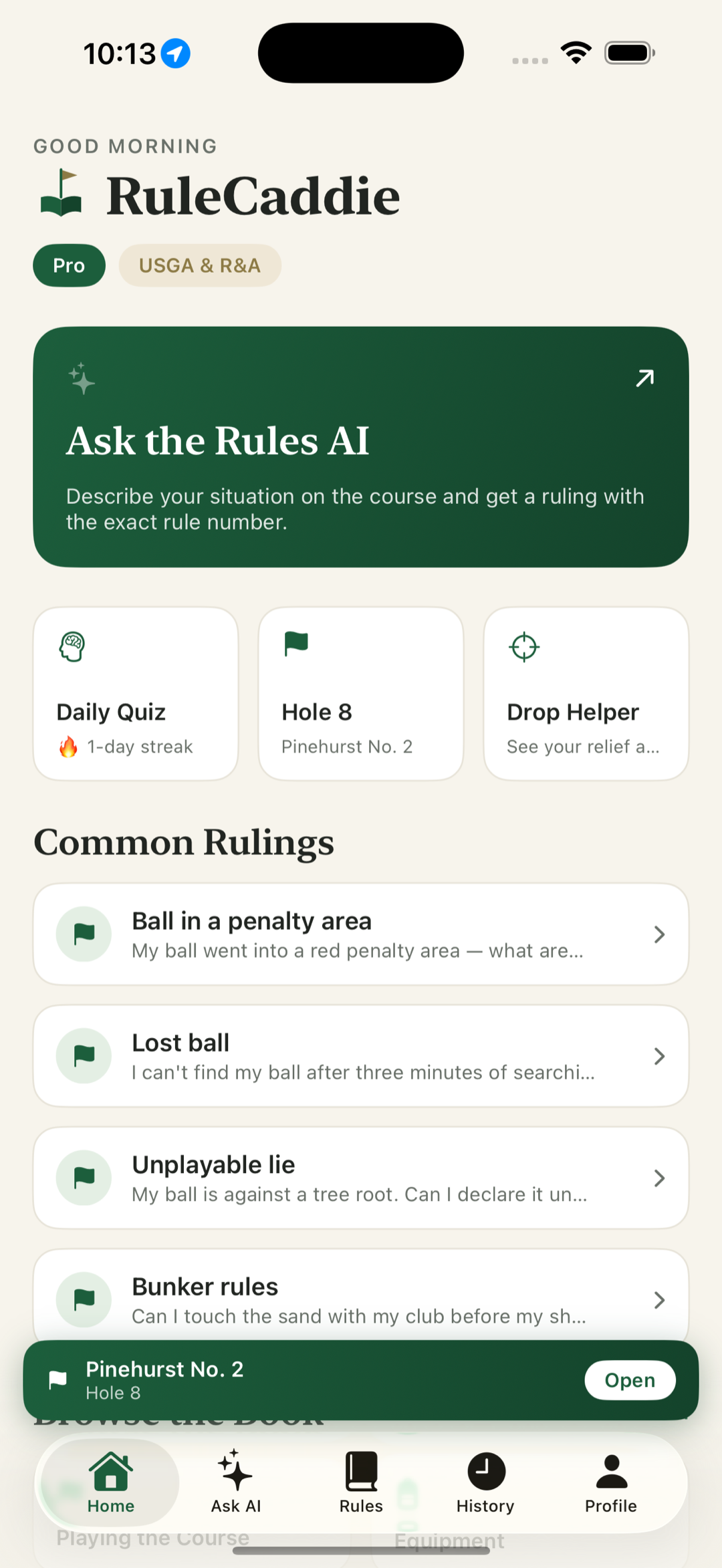 RuleCaddie home screen with a round in progress