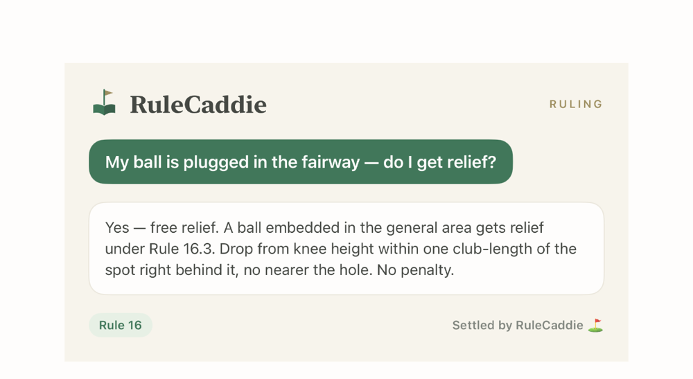 RuleCaddie ruling card: embedded ball gets free relief under Rule 16.3